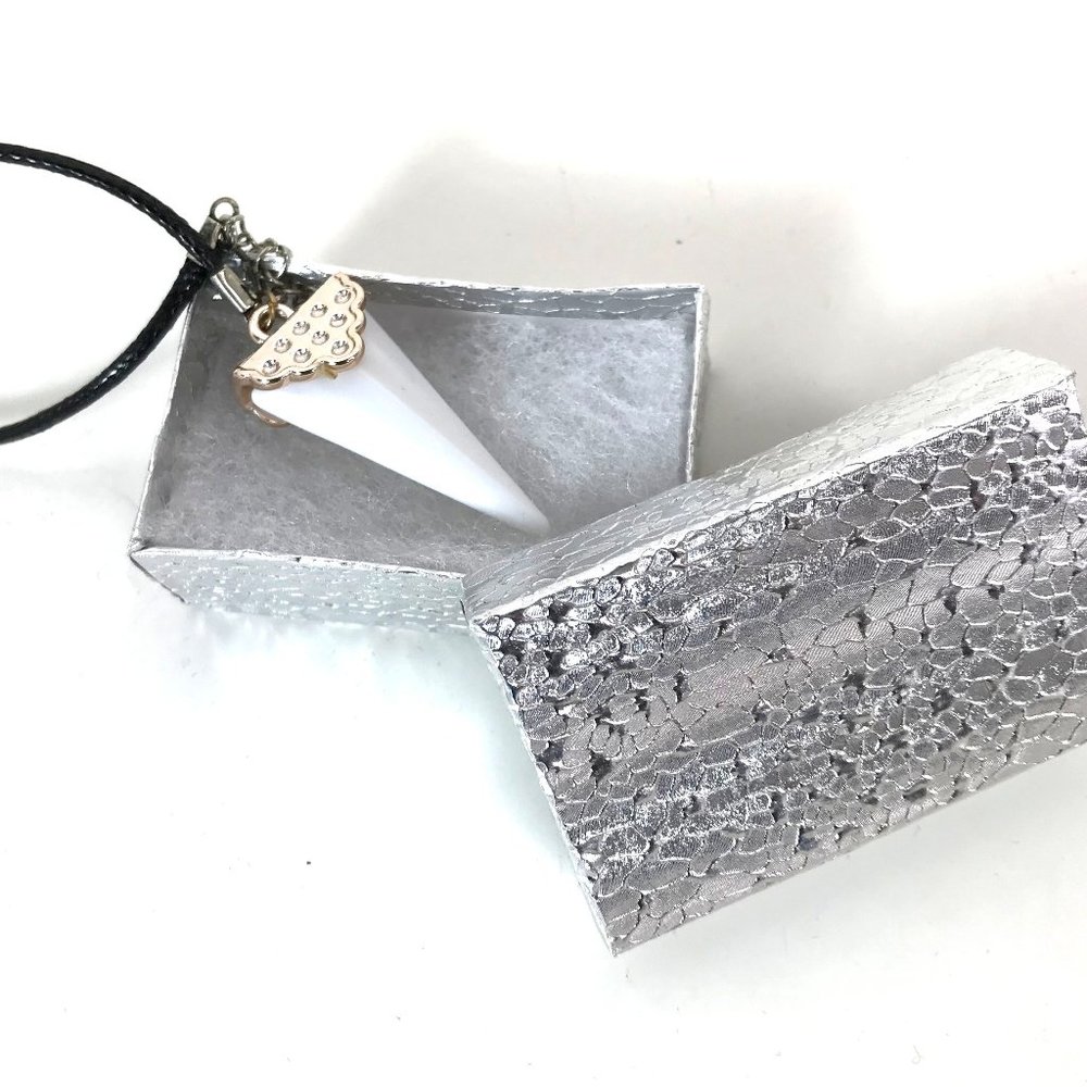 Necklace with White Triangular Pendant on Black Cord with Silver Giftbox
